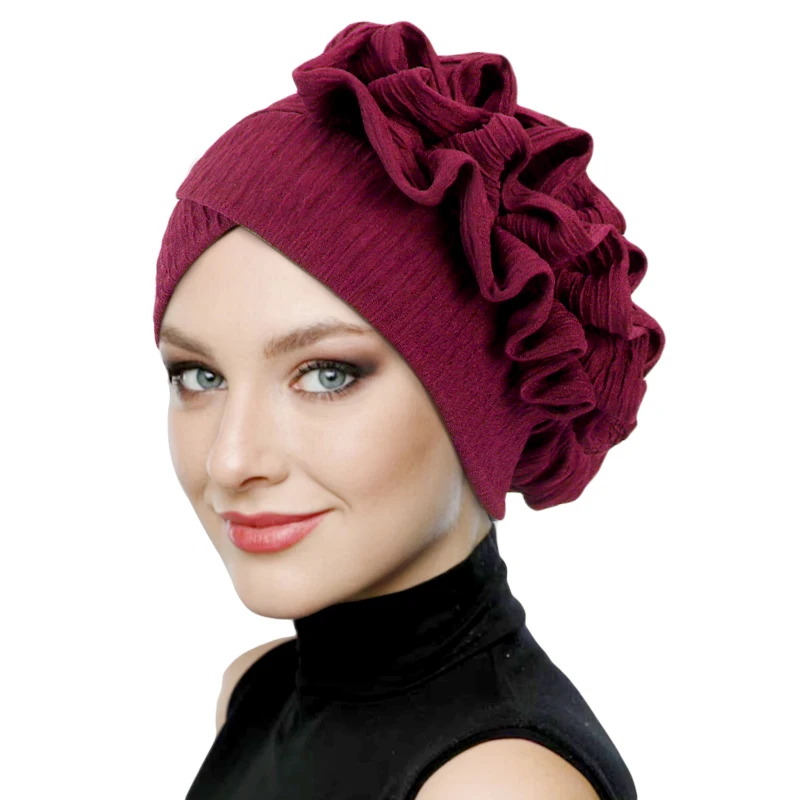 New Women Elegant 3D Ruffle Flower Turban Hat African Elastic Head Scarf Knot Pre-tied Beanies Chemo Cap For wedding Headwear