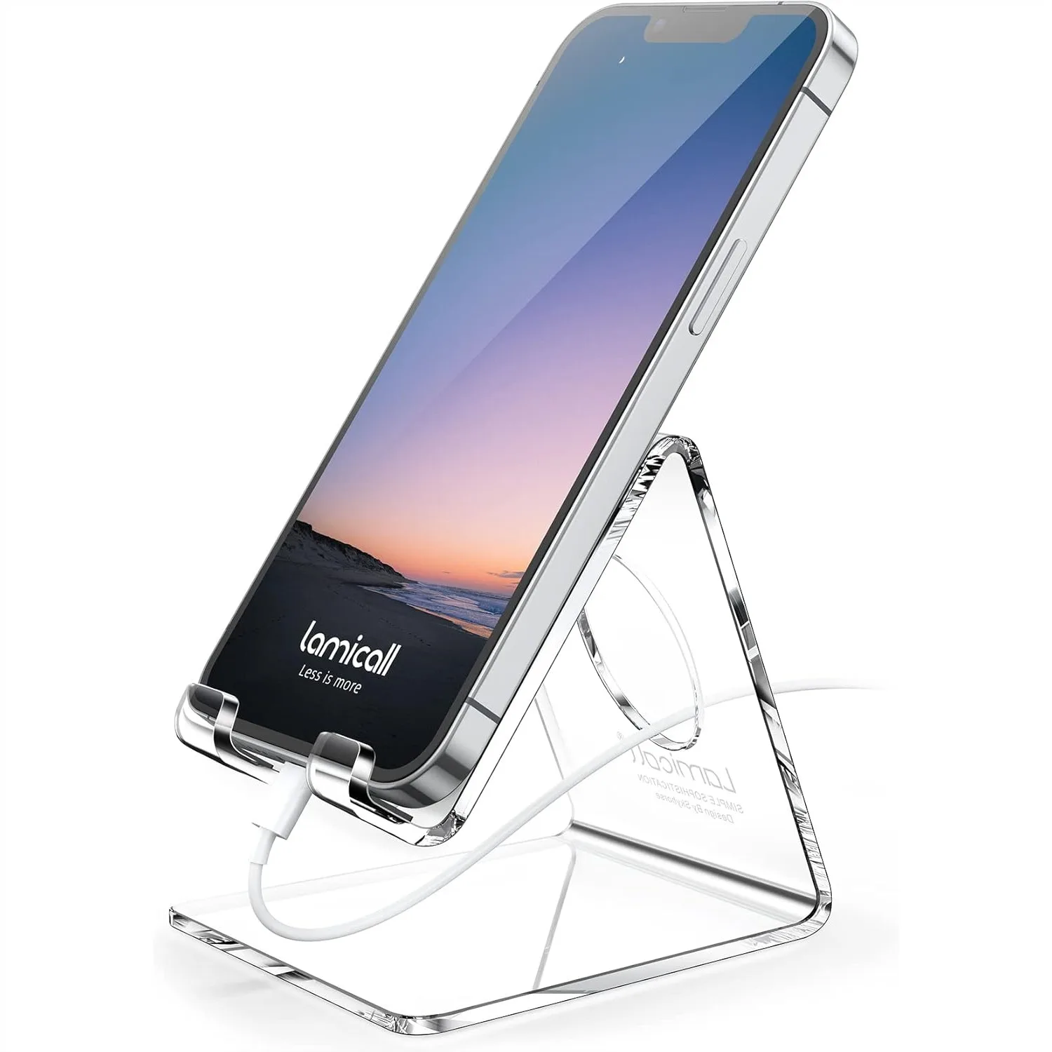 

Clear Acrylic Cell Phone Stand for Desk, Compatible with 4-8" Phones, with Charging Cable Hole