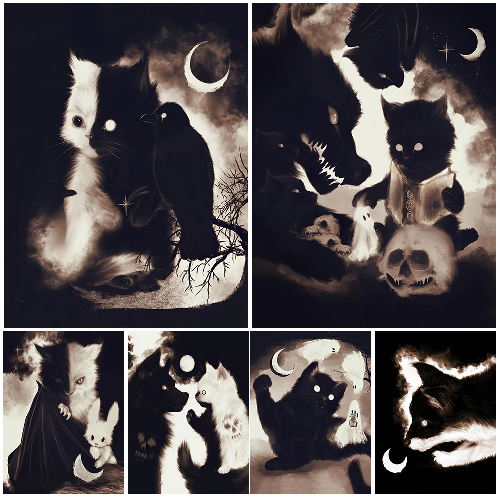 

Black And White Bat Cat Abstract Vintage Wall Art Canvas Painting Wizarding Cats And Ghosts Art Poster Print Witchcraft Decor