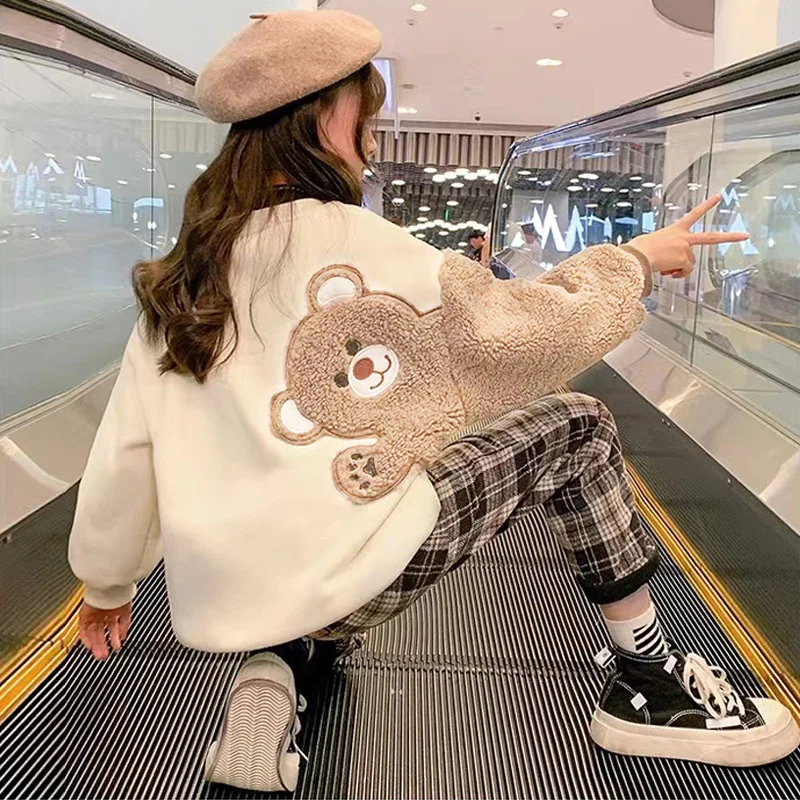 Autumn Girls Warm Sweatshirt 2023 Children Clothing Cartoon Bear Tops Coats Winter Fashion Kids Cute Plush Jacket Sweatshirts