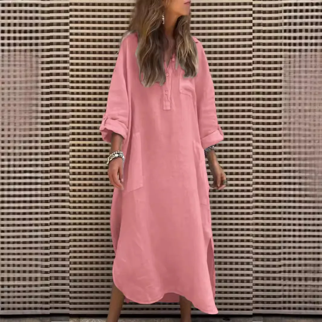 New Actress Elegant Solid Color Dress With Button Openings And Pocket Loose Casual Long Lineup Skirt  Ladies Summer Autumn 2024