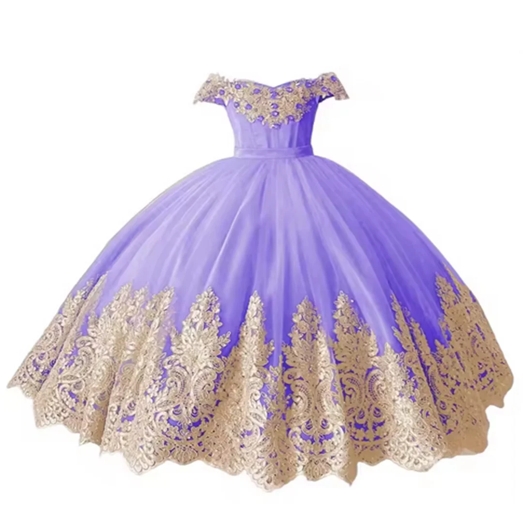 فستان طويل مكشوف الكتفين من التول مزين بالذهب الوردي الساخن للأميرة منتفخ لحفلات أعياد الميلاد وحفلات الزفاف والحفلات الراقصة