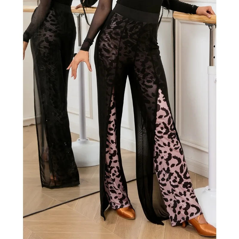 أسود اللاتينية الرقص السراويل النساء عالية الخصر 2-layer شبكة واسعة الساق ليوبارد اللاتينية ممارسة السراويل قاعة الرقص الملبس #1