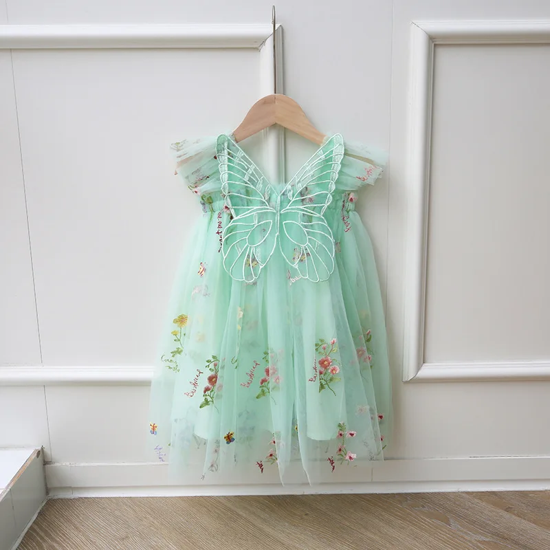 Embroidery Floral Wings Girl Dresses Baby Girl 2024 Summer New Dress Angel Kid Birthday Dress Butterfly Fairy Mesh Party Clothes