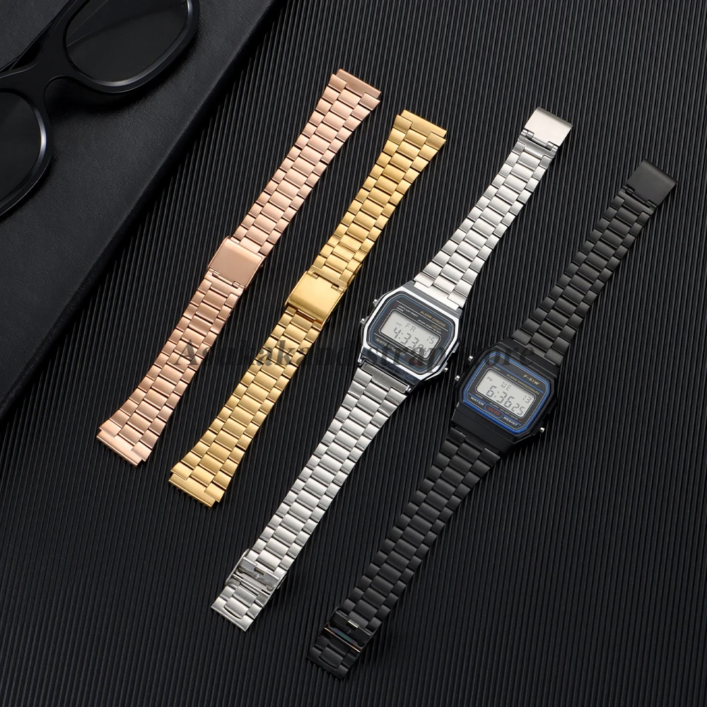 Correa de reloj de acero inoxidable de 18mm para Casio F84 F105/108/A158/168 AE1200/1300 SGW400 F91W AQ230 AE500W, pulsera de Metal para hombre