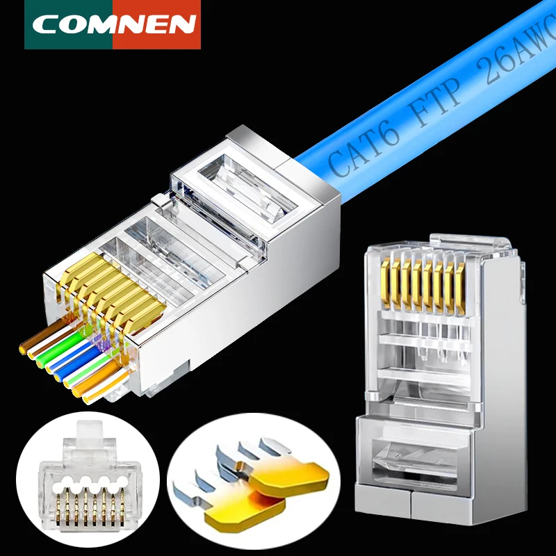 COMNEN RJ45 Cat5/6/6A Złącza przelotowe Wtyczka modułowa, wtyczka modułowa EZ do zaciskania do kabla sieciowego UTP solidnego lub linkowego