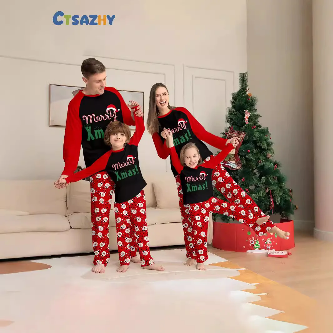European American parent-child home wear Christmas hat letter printed long-sleeved Santa Claus cartoon printed long pants