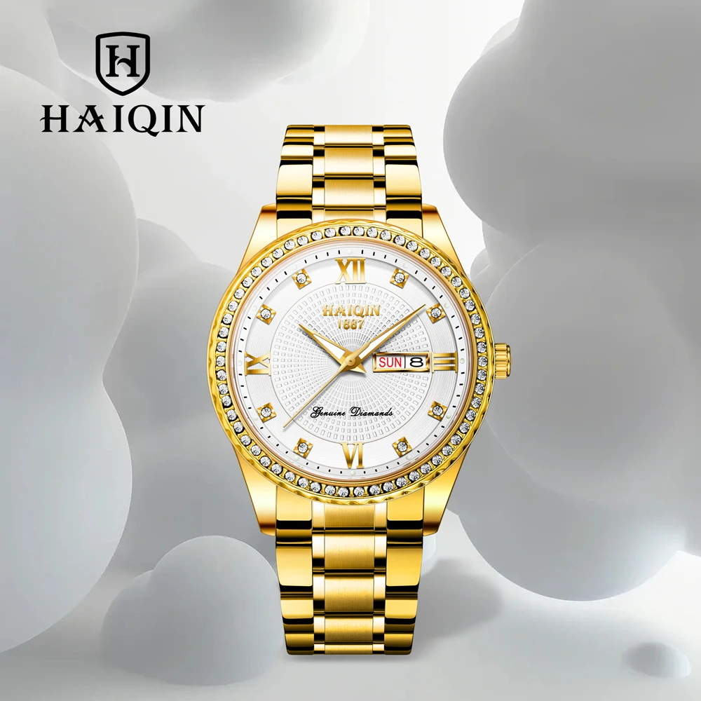 2026 New HAIQIN Design Watches Golden Luxury Quartz Men's Watch Stainless Steel Automatic Calendar Watches For Men Luminous Gift