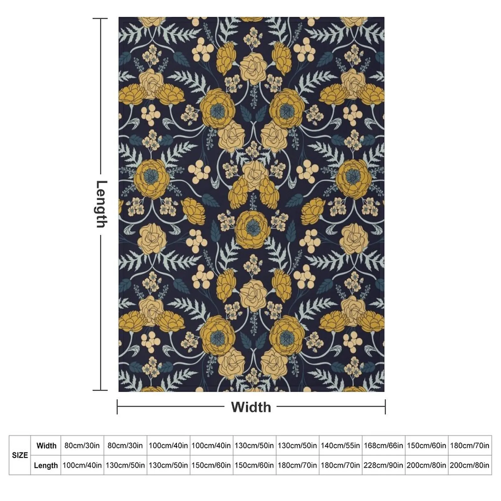 Navy Blue, Turquoise, Cream & Mustard Yellow Dark Floral Pattern Throw Blanket Decorative Throw Summer Thermal Shaggy Blankets