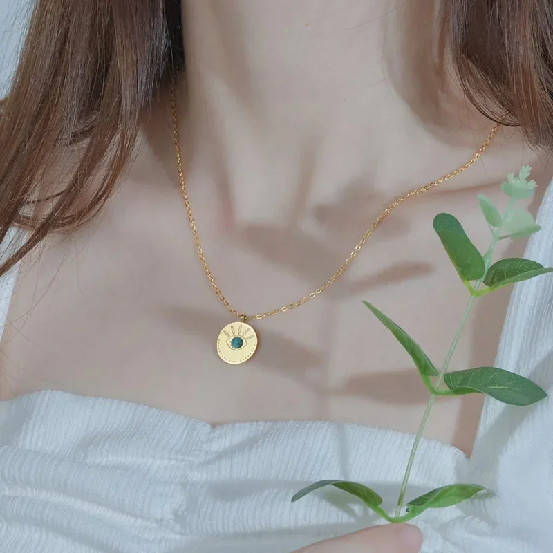 RHYSONG-Collier en pierre turquoise naturelle pour femme, acier inoxydable, rétro, yeux bleus, breloques géométriques, bohème, doré, bijoux, nouveau, 2024