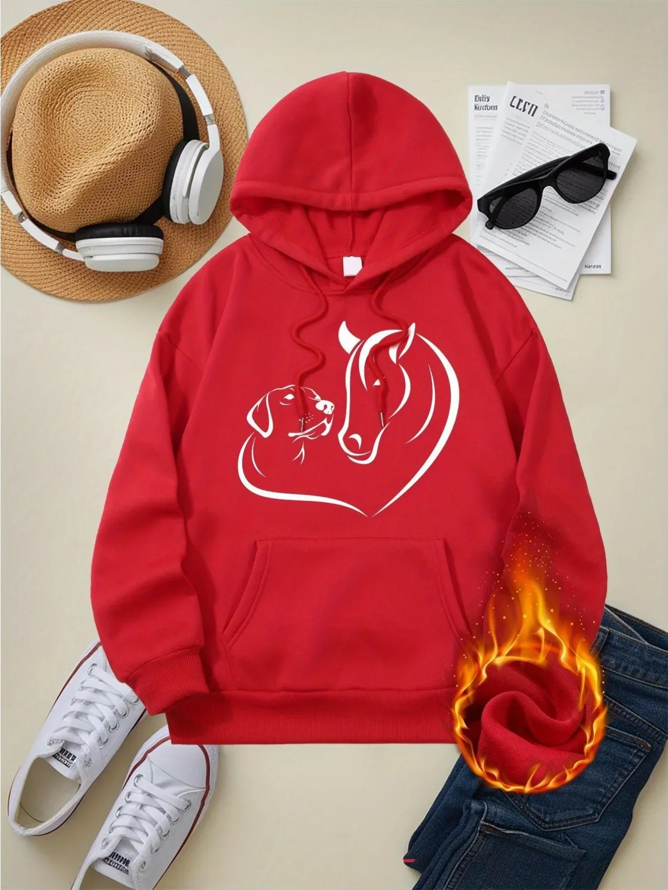 ผู้หญิงลําลองHoodieสุนัขม้าหัวใจพิมพ์Breathable Pulloverพร้อมกระเป๋าความคิดสร้างสรรค์สไตล์แขนยาวNovelty New In