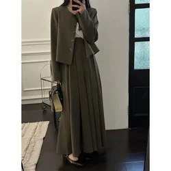 Women Fashion Dress Set 2024 Autumn Long Sleeve Round Neck Suit Jacket+pleated Half Midi Skirt Korean Fashion Two-piece Set