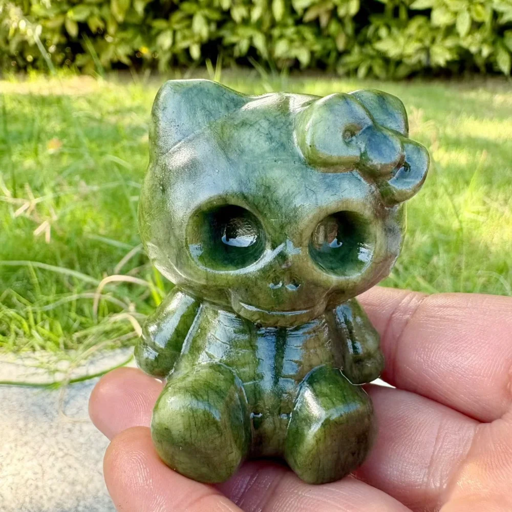 Natural Green Jade KT Cat Skull Crystal Carving Hand Polished Stone Figurine Kawaii Skull Statue Desktop Ornament Healing Gift