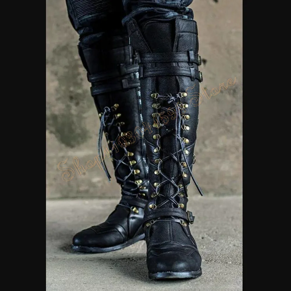 Black Lace up Buckle Decor Boots Side Zipper Heels Knee High Matte Leather Shoes for Women Heels 2024 New Zapatos Para Mujere