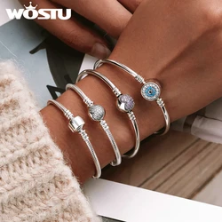 WOSTU 925 Sterling Silver Bracelet – Barrel Snap Clasp, Cubic Zirconia, Bangle Bracelet, Chain Bracelet, Charm, Sizes 17–21