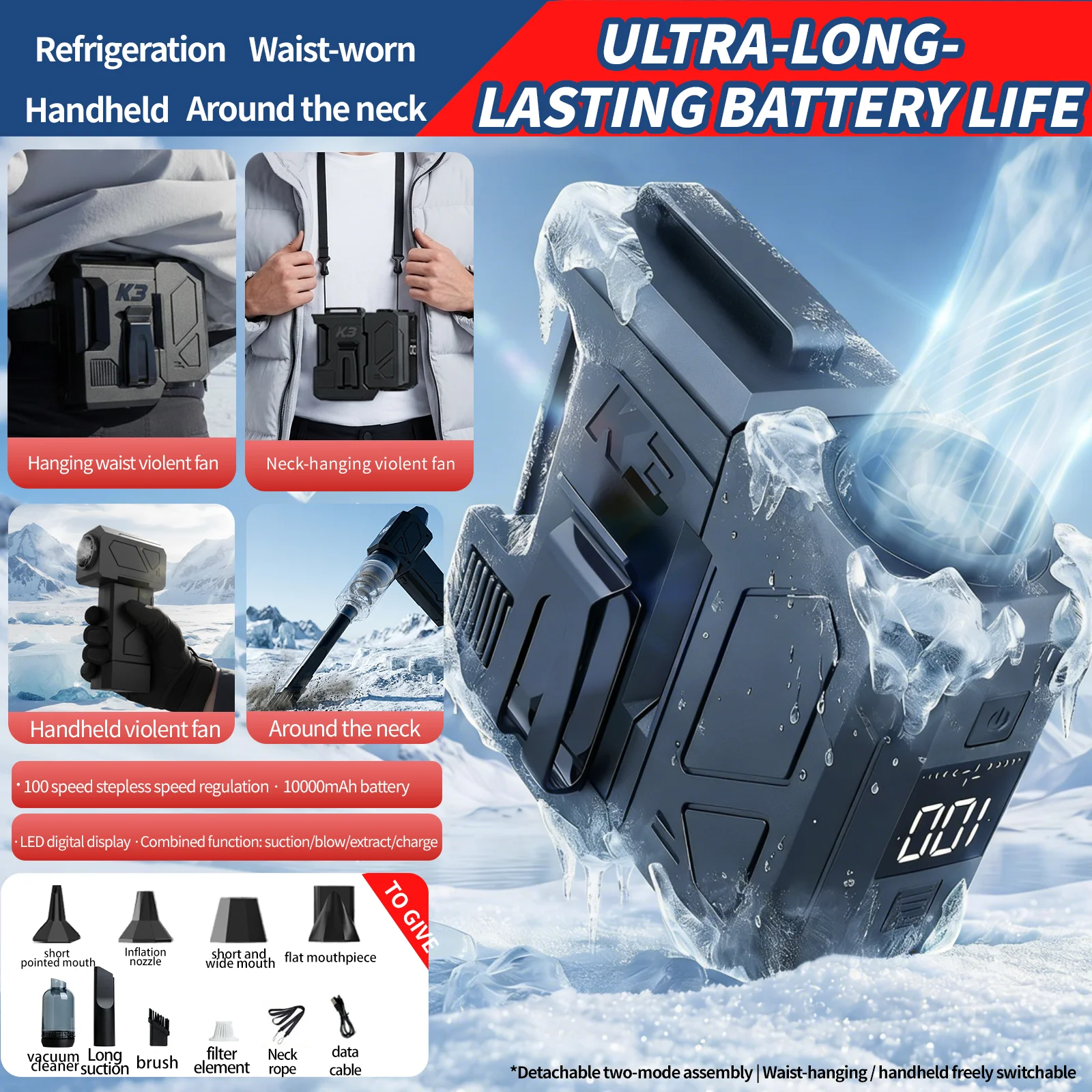 2026 New Powerful Fan 990000RPM Waist Fan Small Neck Hanging Handheld Powerful Fan Portable Large Capacity Long Battery Life