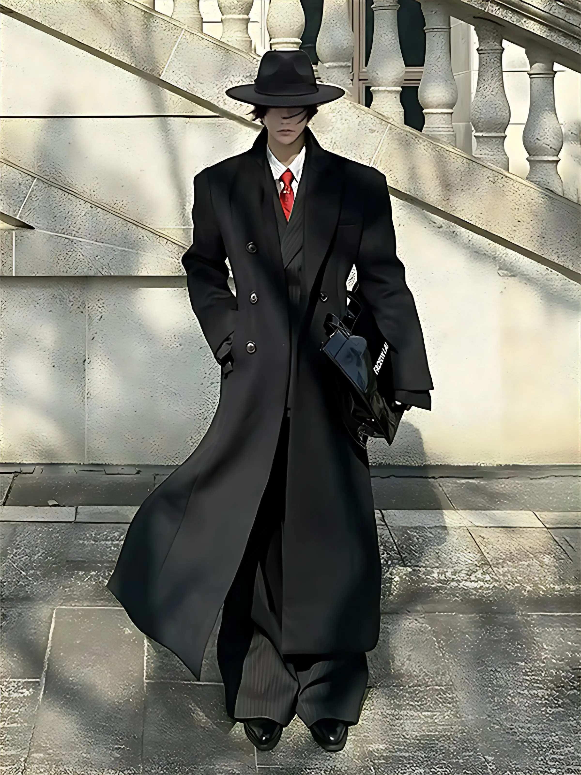 

Мужской готический тренчкот 2026: Ультрадлинное футуристическое технологичное пальто из серебра и графена для зимних мероприятий. Инновационный современный дизайн BF.