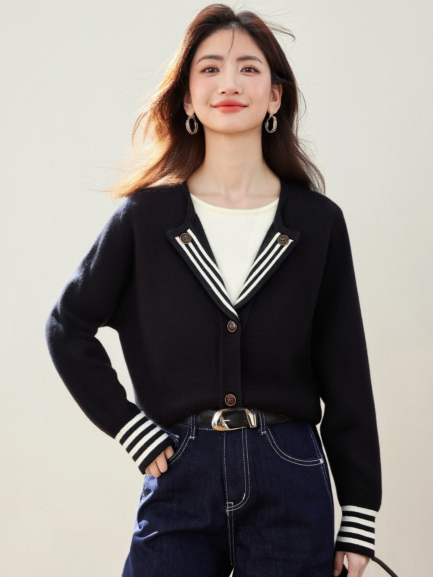 

Retro Korean Fashion V Neck Striped Knitted Open Cardigan Sweater Women's Slimming Autumn Spring Top Soft Long Sleeveve F639