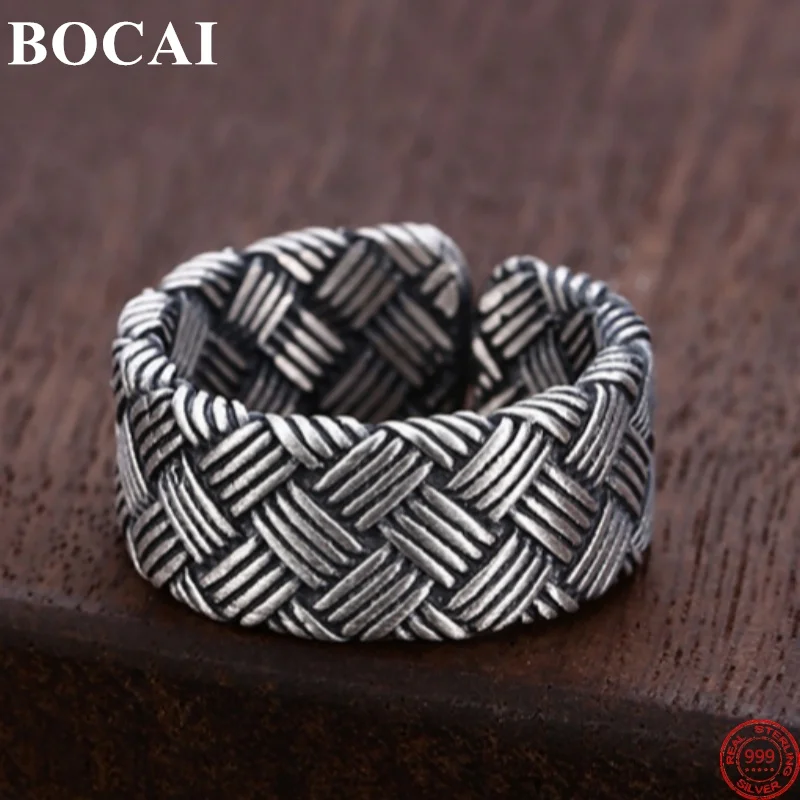 BOCAI S999 Sterling Silver Charms Rings for Women Men New Fashion Ancient Weaven Pattern Adjustable Punk Jewelry