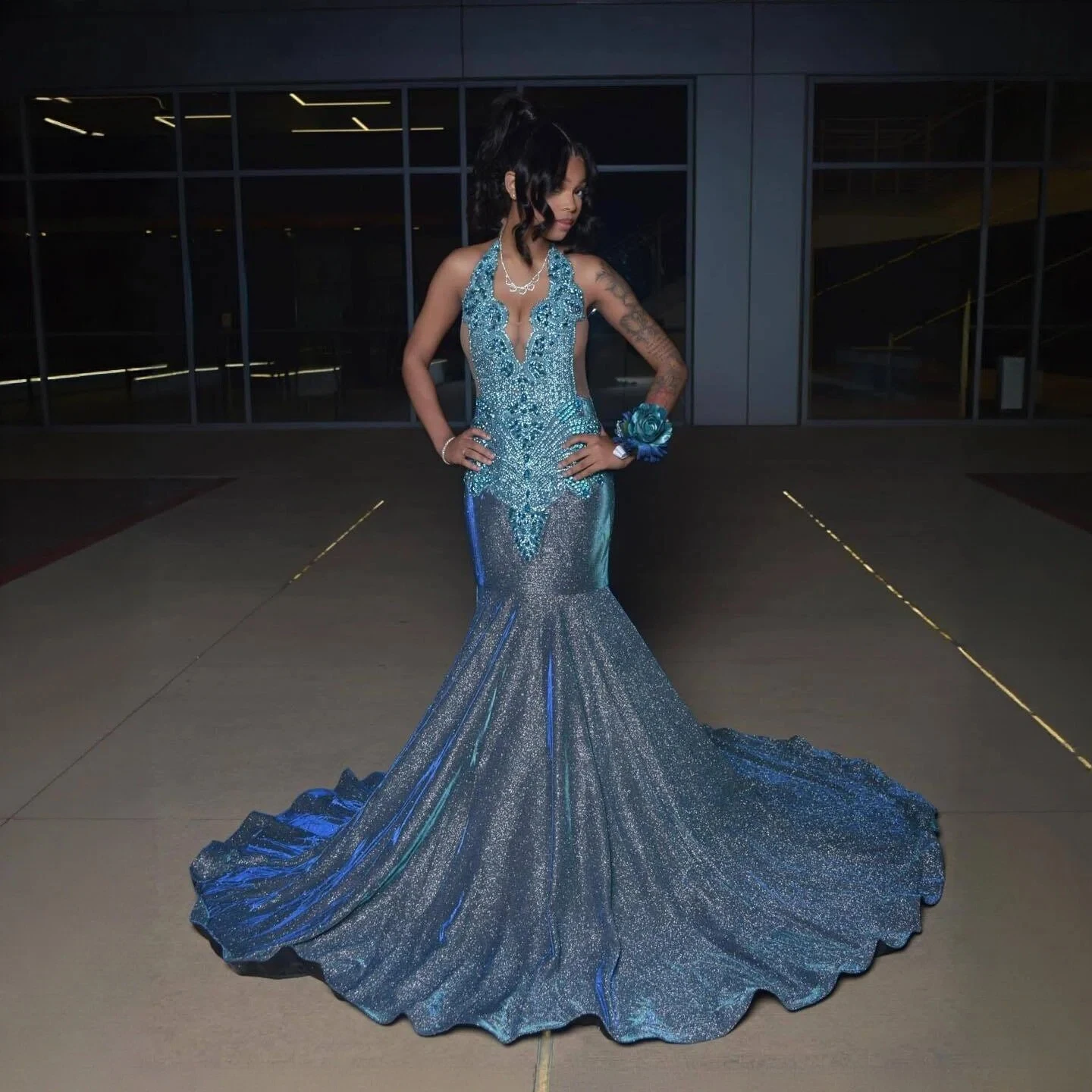 

Индивидуальные синие длинные платья-русалки Radia May 2026 с аппликациями и бисером, блестящие вечерние наряды для темнокожих девушек BP015