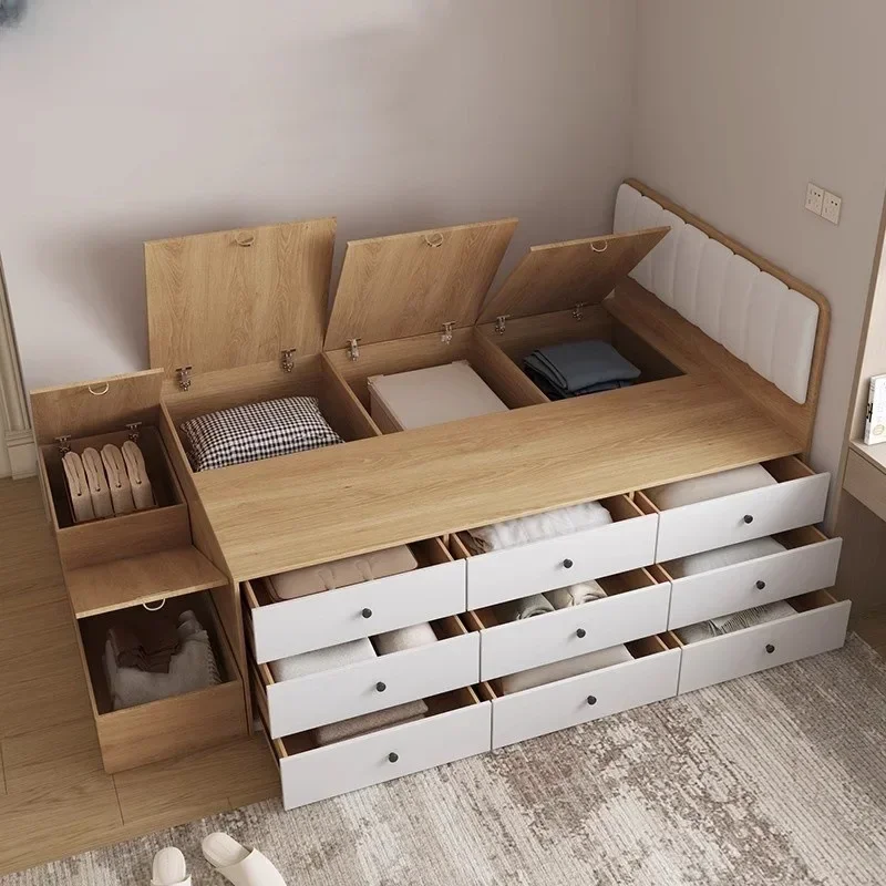 Small unit high box bed, tatami, storage, bed with foot rest, space saving, customized half height drawers