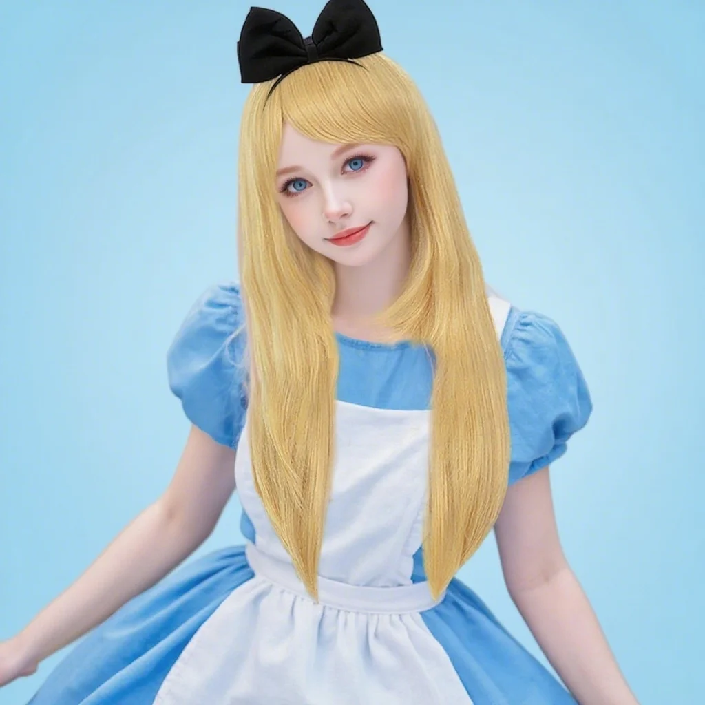 مجموعة شعر مستعار الأميرة اللطيفة، شعر مستعار أشقر متوسط الطول مع عصابة رأس على شكل فيونكة، شعر مستعار للعب الأدوار بالفيلم/التلفزيون