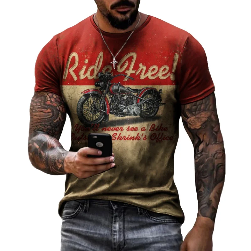 Vintage Motorcycle T-shirt For Men Summer O-Neck Loose Short Sleeve Hip Hop Tee Shirts Streetwear Tops Oversized Men Clothing