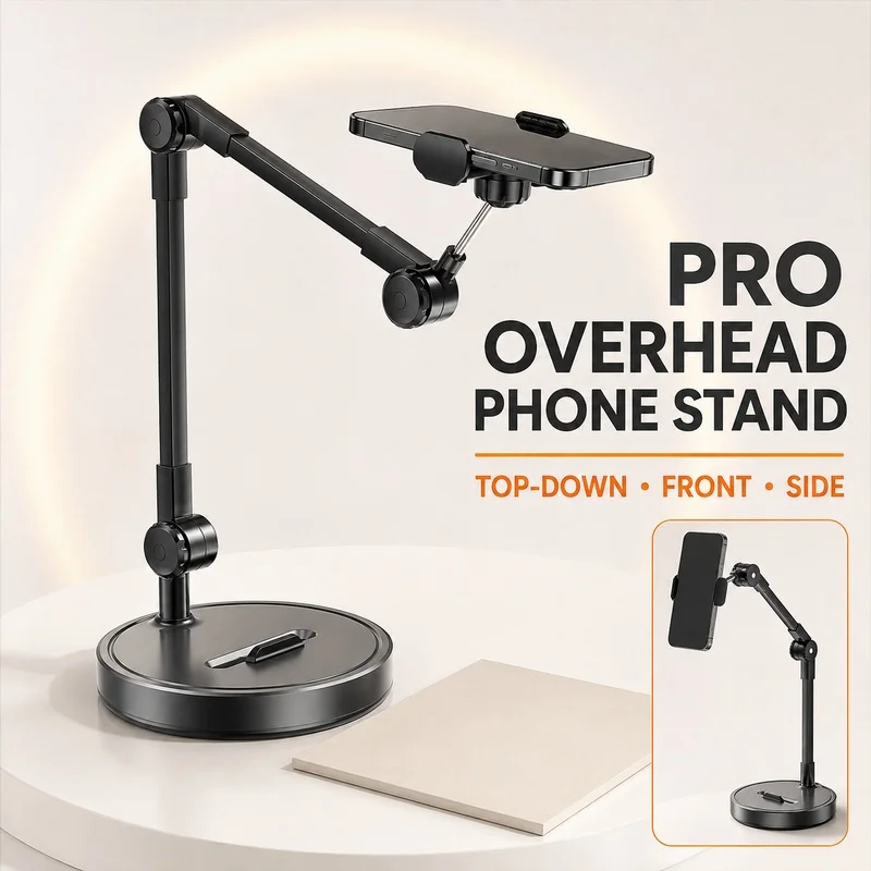 Overhead Phone Stand Desktop Tripod Top Down Mobile Holder for Live Streaming Food Video Recording Online Teaching