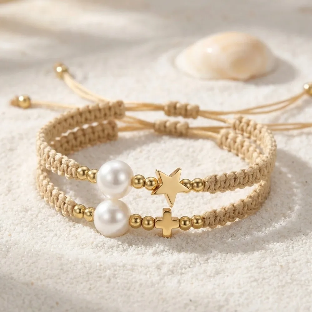 Bangle Adjustable Star-Shaped Bracelet Pearl Bead Hand Rope Woven Bracelet Minimalist Light Luxury Casual Bracelet Women