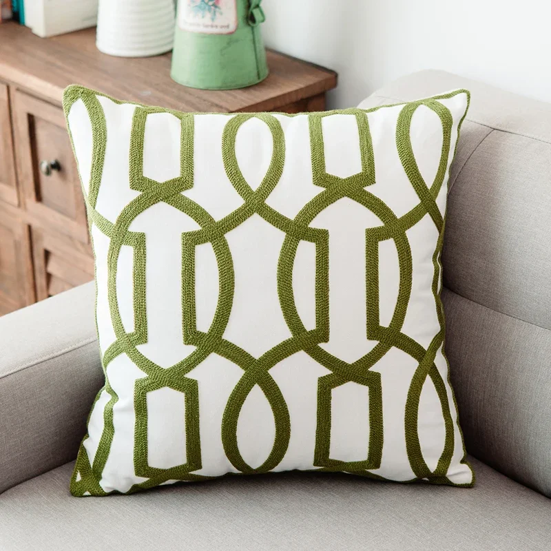 Complementi Arredo Casa Emboridered Fodere Per Cuscini Verde Geometrica Tela di Cotone Suqare Ricamo Copertura Del Cuscino 45x45cm