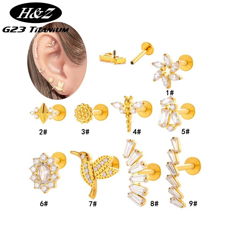 1PC G23 Titanium Piercing Internal Thread CZ Flower Labret Stud Flat Back Cartilage Tragus Stud Conch Earrings Piercing Jewelry