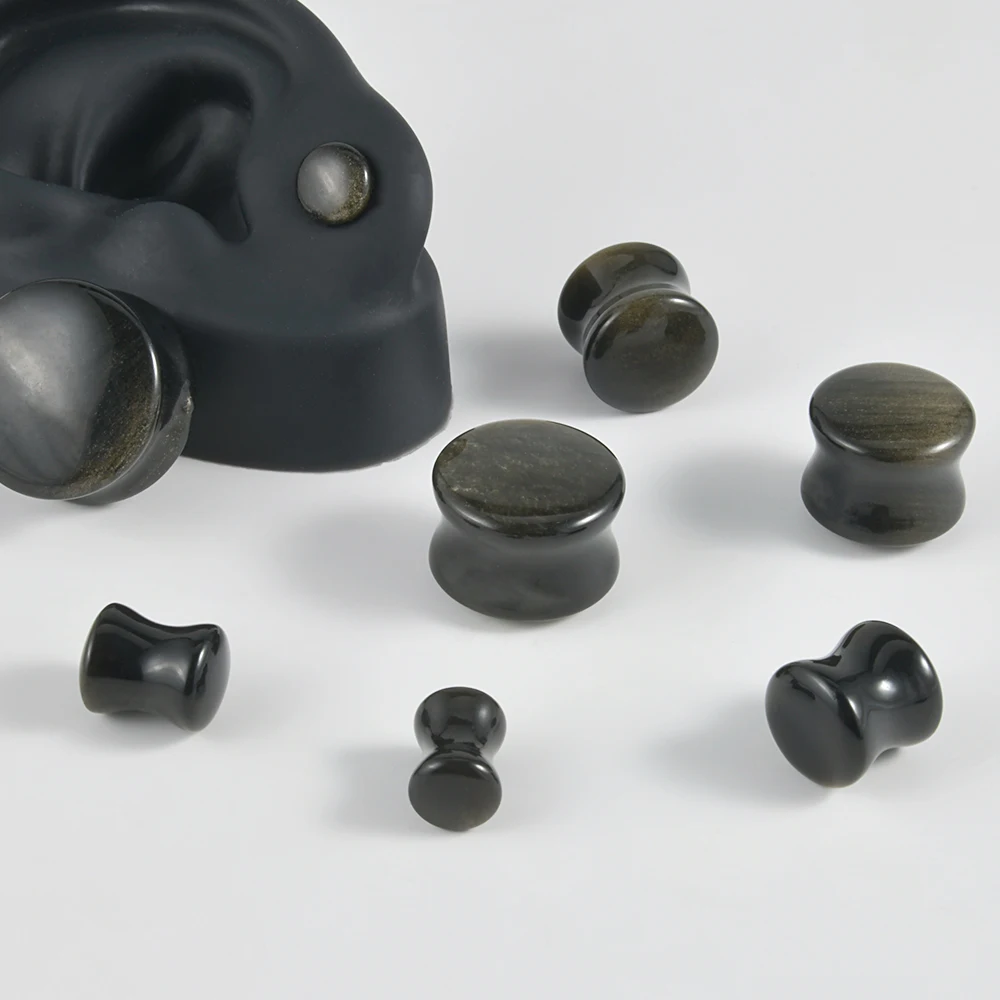 2Pcs Solid Obsidian Stone Double Ear Plugs Transparent Tunnel Gauge Ear Stretching Piercing Expander Jewelry 6-25mm