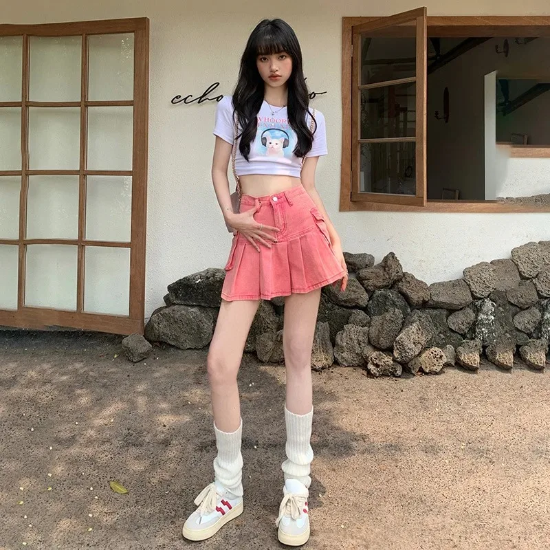 

Мини-юбка в клетку в стиле Харадзюку, милая розовая трапециевидная юбка для косплея в стиле «лолита», с завышенной талией и сердечками, плиссированная теннисная юбка для девушек