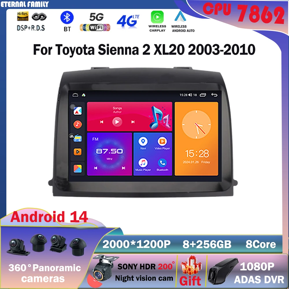 

2 Din Multimedia for Toyota Sienna 2 XL20 2003-2010 Android 14 Car Radio Stereo Navigation GPS Head Unit Carplay Auto Autoradio
