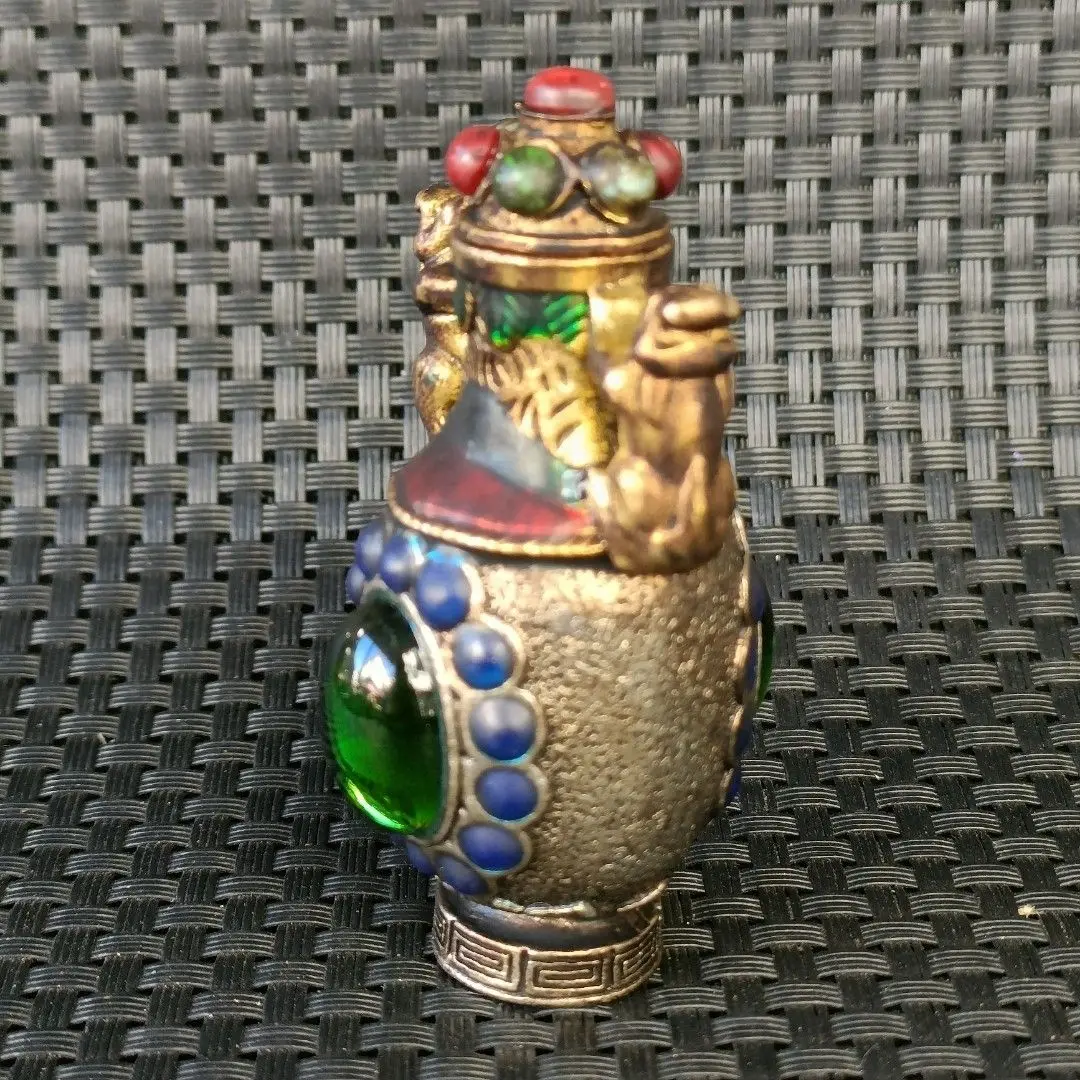 Antique Style Pure Copper Inlaid Emerald Pixiu Snuff Bottle Chinese Ethnic Collectible Smoking Pipe