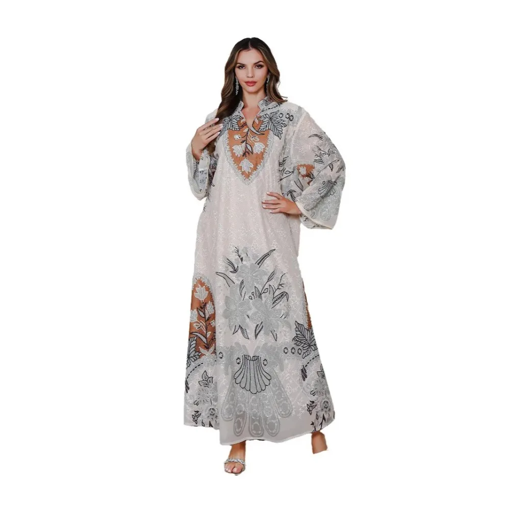 

Women Dress Abaya Embroidery Print Dubai Party Long Dresses Eid Muslim Jalabiya Ramadan Morocco Kaftan Vestidos Largos Arab