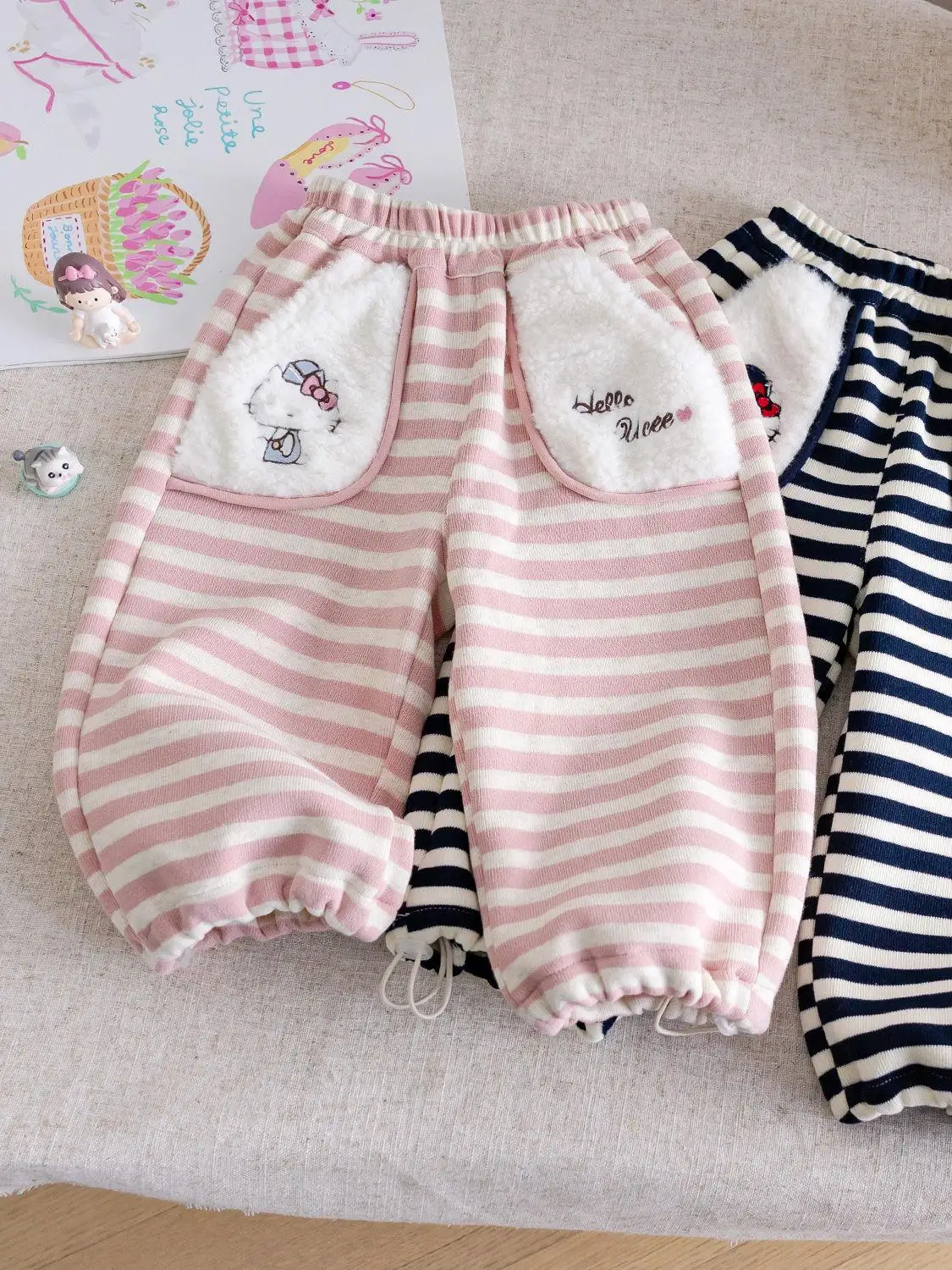 

Thiened Fce, полосатые спортивные штаны с героями мультфильмов для девочек, детские повседневные спортивные брюки, новые зимние длинные брюки в корейском стиле