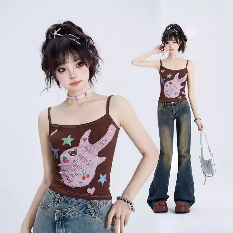 

Summer Sling Kawaii Y2k Clothes Punk Goth Crop Tops Street Hottie 2000s Sweet Harajuku Halter Vest Popular Guitar Chic Camisole