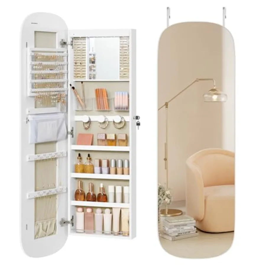 

Органайзер для ювелирных изделий Светодиодный шкаф для ювелирных изделий Настенное/дверное запираемое закругленное широкое зеркало с внутренним зеркалом для хранения 3,9 x 16,5 x