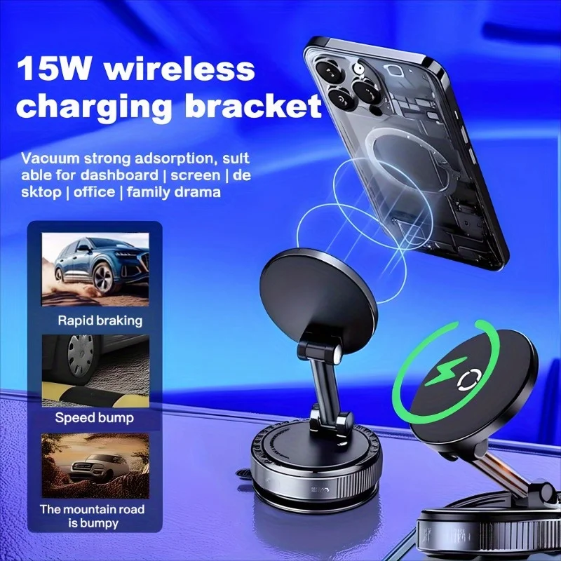 

2-in-1 Upgraded Wireless Car Charger for Mobile Phones, Vacuum Suction Phone Holder for IPhone and Android