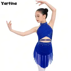 Kids Girls Rhinestone Artistic Skating Rhythmic Gymnastics Ballet Jersey Lyrical Latin Modern Dance Overlay Leotard Tutu Dress