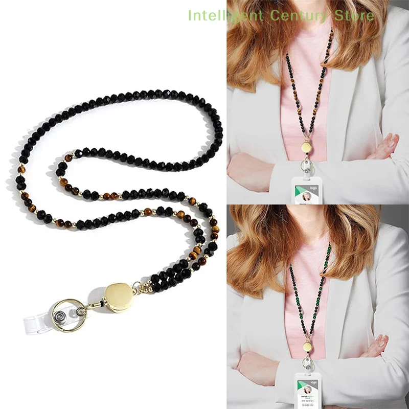 

Work Badge Hanging Chains Natural Stone Crystal Beaded Lanyard Badge Reel Long Necklace Lanyard Teacher Lanyard Badge Holder