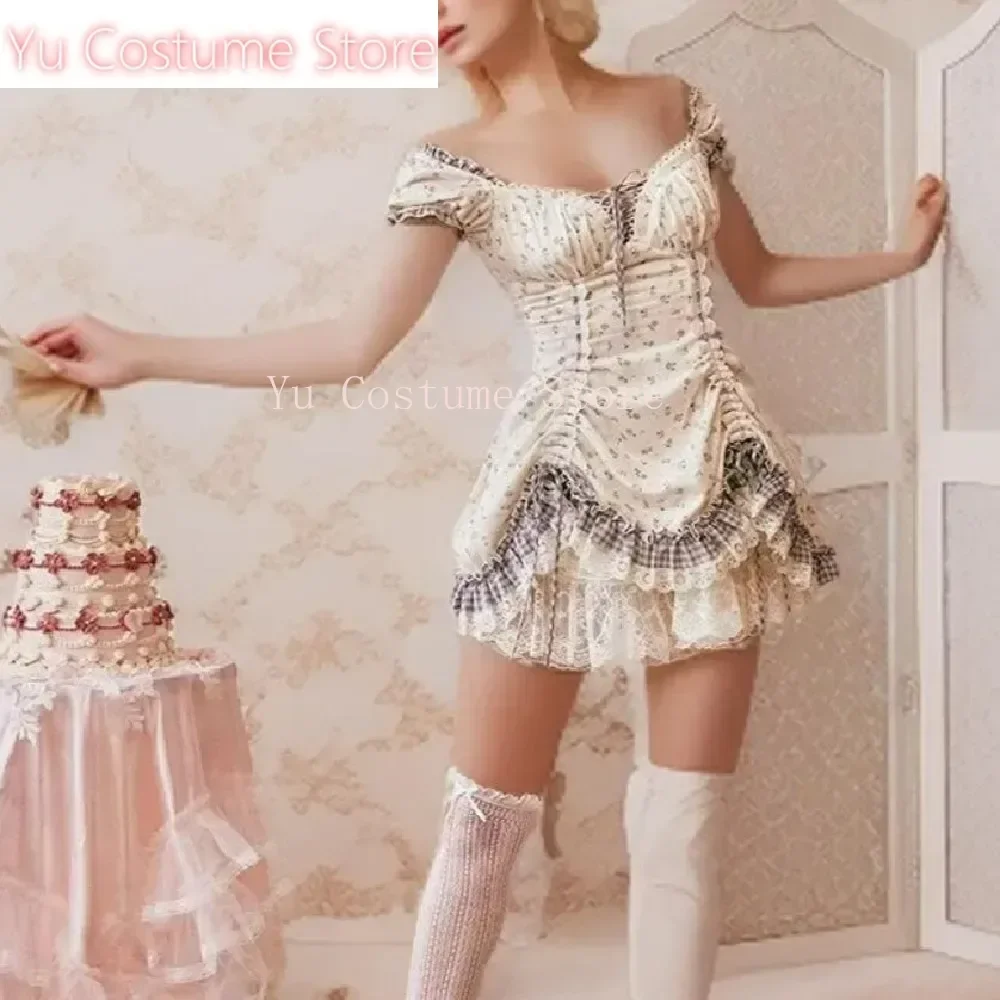 

2025 Princess Flower Print Spliced Lace Drawstring Rope Mini Dress Women Short Puff Sleeve Ruffle Hem Ball Gown Cake Party Robe