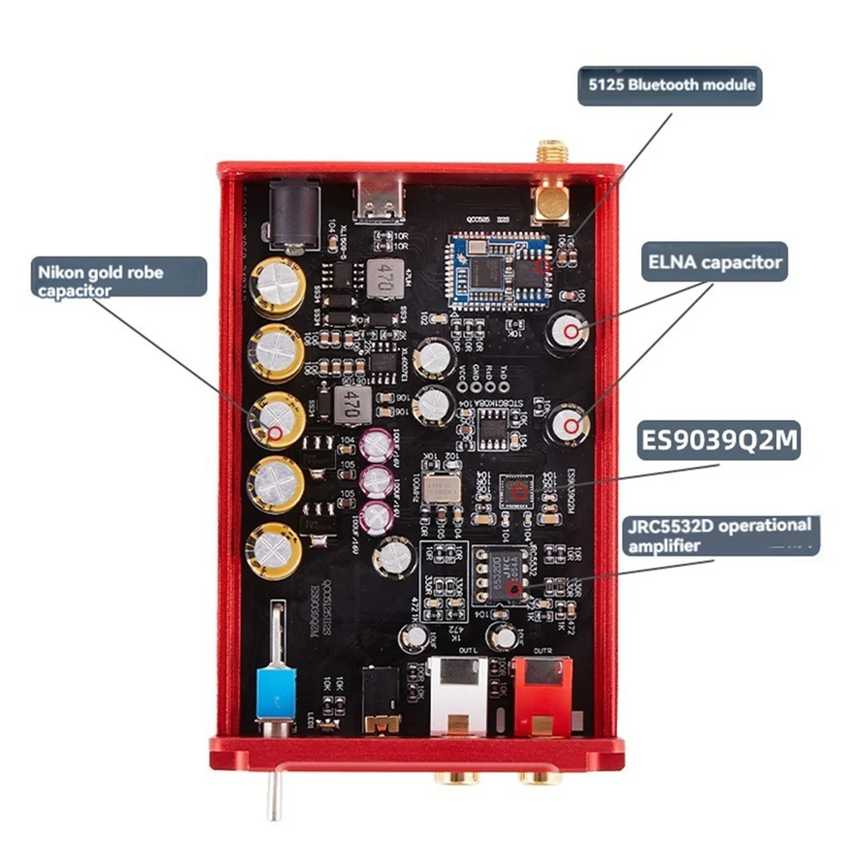 BFYLW Decodificatore HIFI Lossless QCC5125 ES9039Q2M HD Bluetooth 5.0 Adattatore ricevitore wireless Decodifica DAC DC12V Nero