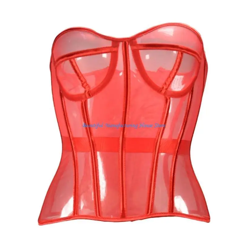 

E56A French Seethrough Corset Fishbone Lace Waspie Corset Overbust Waist Trainer Waist Shaper Bustier for Evening Party Wear