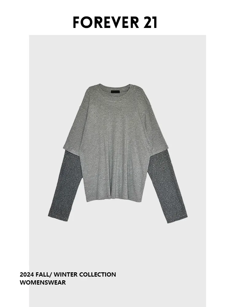 

Женская трикотажная футболка Forever 2, двухслойная, свободного кроя, повседневная, удлиненная, осенняя коллекция 2025, модная, удобная, оверсайз, с лоскутным узором