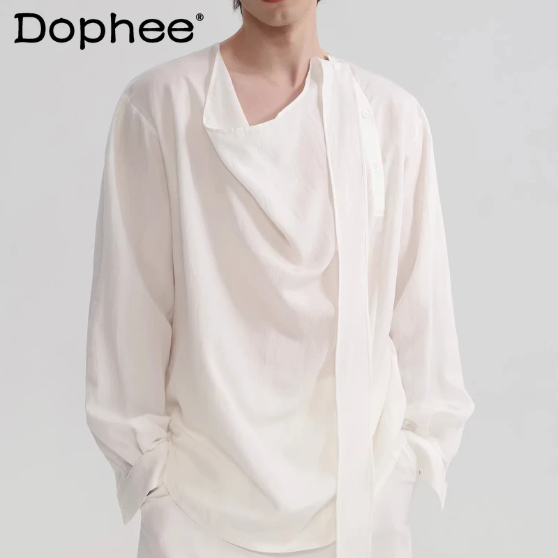 

Fashion Ribbon Shirts Men's 2026 Spring New Solid Color Loose Comfort Chic Shirts Male Simple Long Sleeve Trendy Pullover Tops