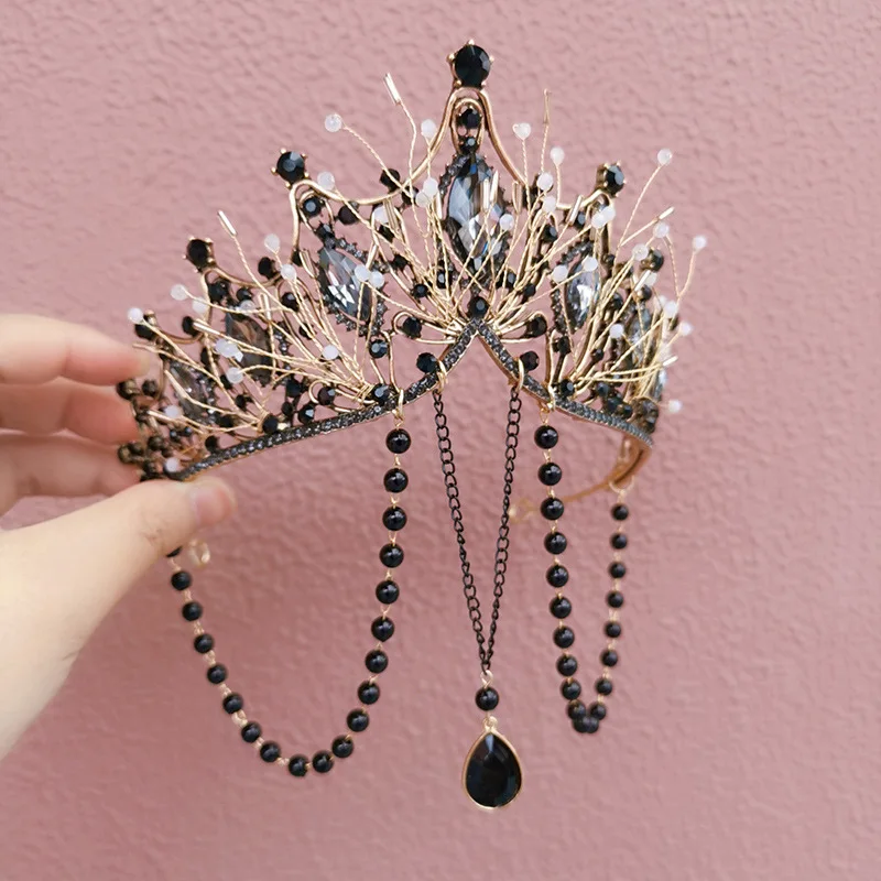 Couronne à pampilles foncées Tuinga vierge exotique, coiffure noire pour défilé, accessoires pour cheveux front occidentaux