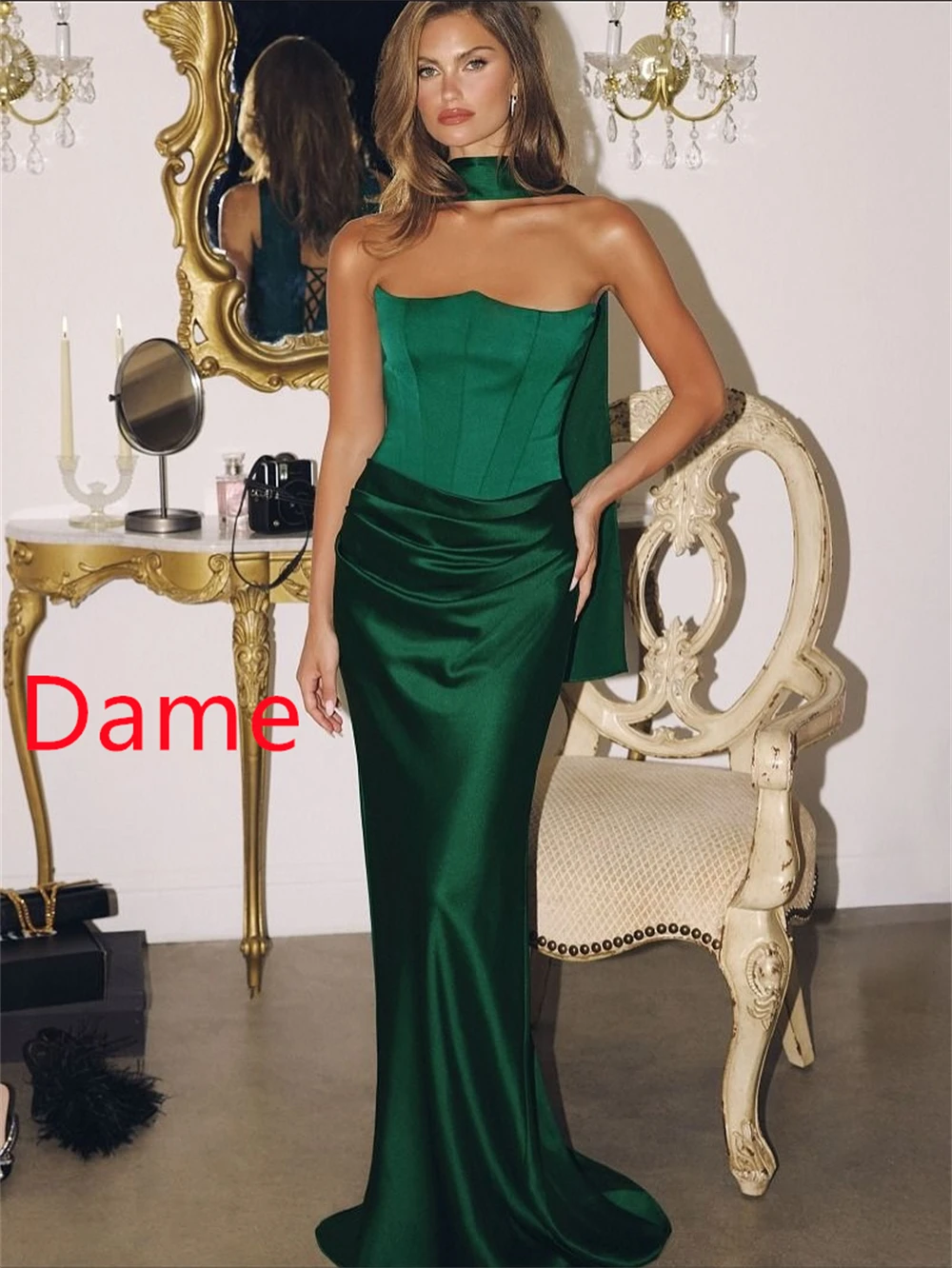 ชุดราตรีผ้าซาตินสีเขียวหรูหราแบบนางเงือกสั่งตัดพิเศษ ชุดเดรสงานเลี้ยงแบบคลาสสิกไม่มีสายและแขน ชุดราตรีงานพิเศษสั่งตัด