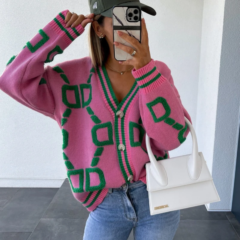 

Autumn Winter New Arrival European and American Export Color-Block V-Neck Stylish Loose Long Sleeve Knit Sweater for Women